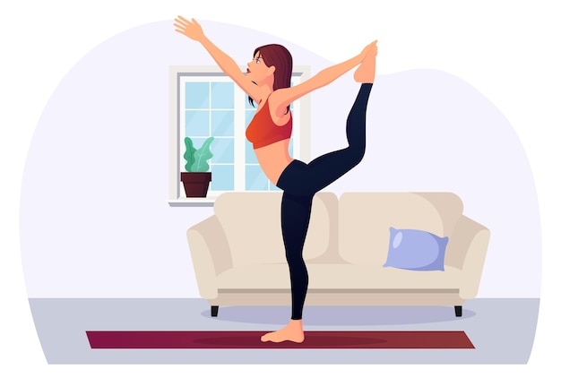 Vrouw in yoga pose thuis voor fitness en gezondheid premium vectorillustratie