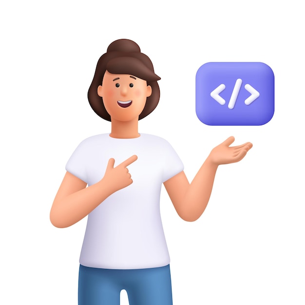 Vrouw Jane wijst naar programmeringscode symbool Webontwikkeling 3D vector mensen personage