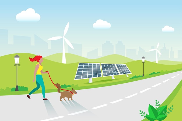 Vrouw joggen met hond in park zonnepanelen en windturbines hergebruik van hernieuwbare groene en schone energie