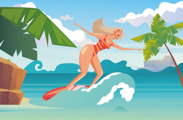 Vrouw karakter surfen op strand zee resort concept platte cartoon grafisch ontwerp illustratie