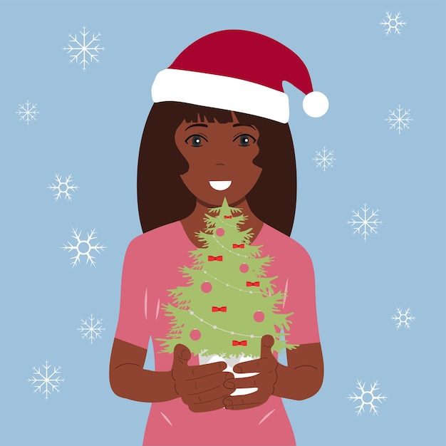 Vrouw kerst geluk Kerstboom geschenken Vector illustratie