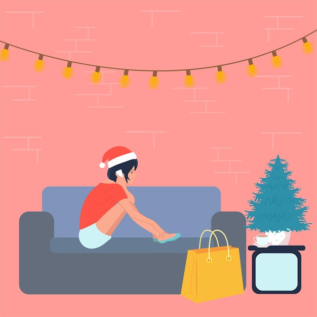 Vrouw kerst geluk Kerstboom geschenken Vector illustratie