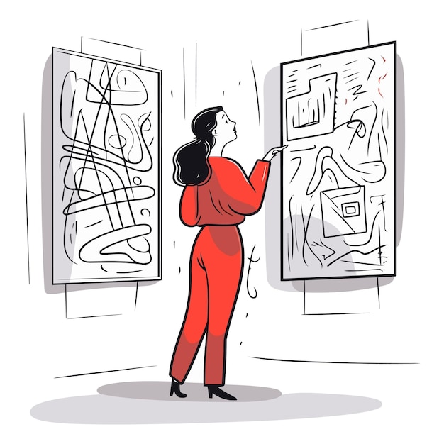 Vrouw kijkt naar kunstwerken in een kunstgalerie schets vector illustratie