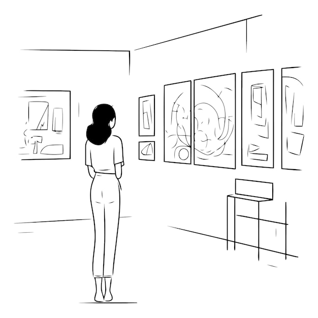 Vector vrouw kijkt naar kunstwerken in een museum met de hand getekende vectorillustratie