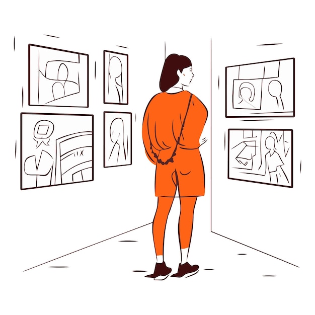 Vrouw kijkt naar schilderijen in een kunstgalerie in platte stijl