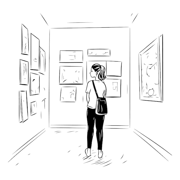 Vrouw kijkt naar schilderijen in een kunstgalerij met de hand getekende vectorillustratie