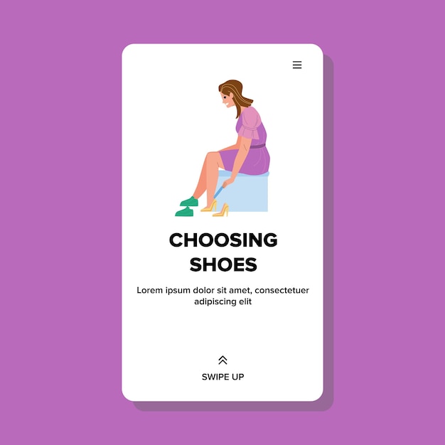 Vrouw klant kiezen schoenen In winkel Vector. Jong Meisje Proberen En Schoenen Kiezen In Glamour Shop. Karakter Dame Kopen Elegantie Mode Voeten Kleding Web Platte Cartoon Afbeelding