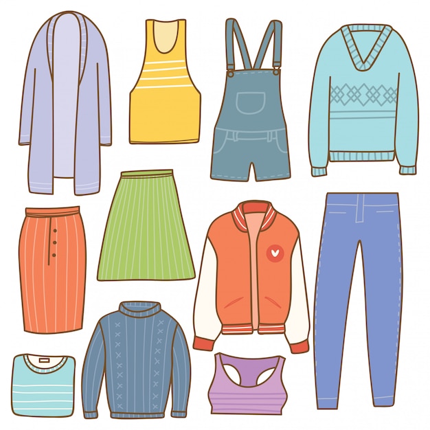 Vrouw kleding collectie in doodle stijl