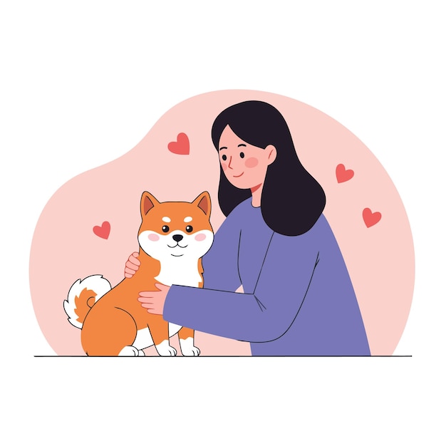 Vrouw klopt Shiba Inu hond omringd door harten in cartoon stijl