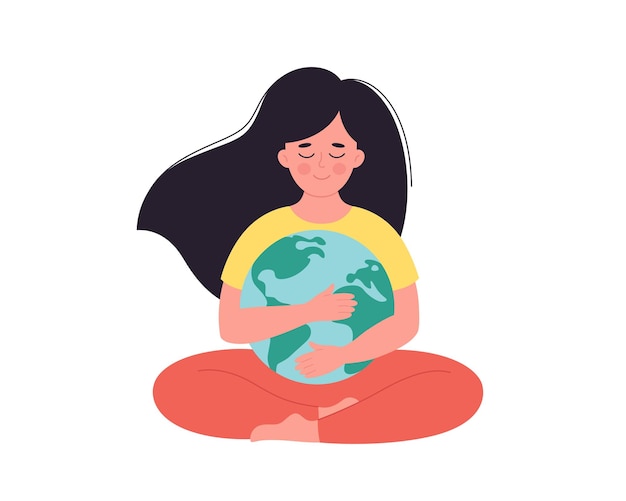 Vrouw knuffelen Earth globe Earth Day redden planeet natuur beschermen ecologisch bewustzijn