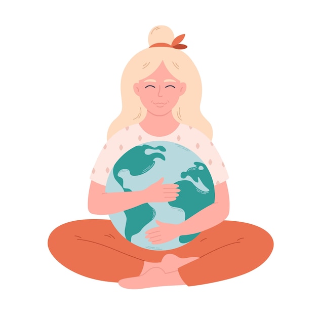 Vector vrouw knuffelen earth globe earth day redden planeet natuur beschermen ecologisch bewustzijn