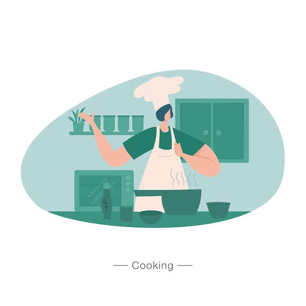 Vector vrouw koken bij keuken platte vectorillustratie