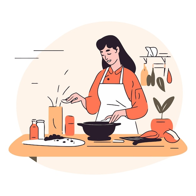 Vrouw koken in de keuken in een platte stijl