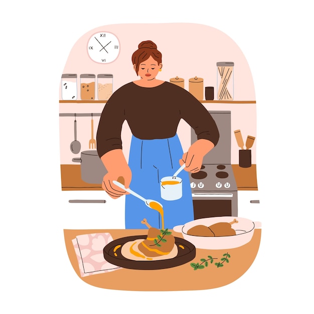 Vrouw kookt feestelijk diner, vleesgerecht. Jong meisje koken geroosterd been van kalkoen thuis keuken. Persoon schenkt, serveert kip met saus. Platte vectorillustratie geïsoleerd op een witte achtergrond