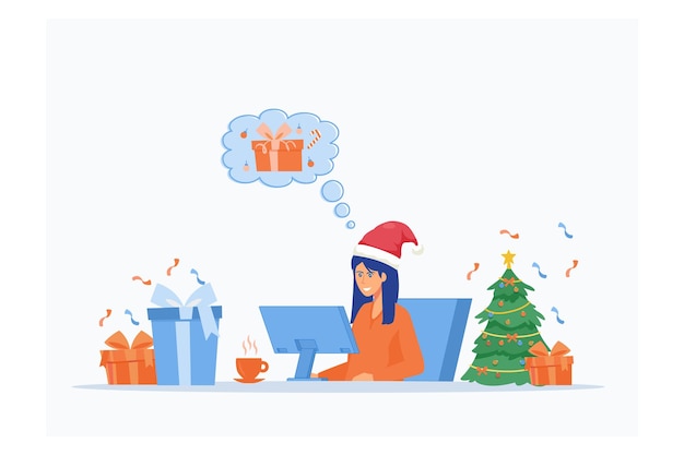 Vrouw koopt kerstcadeaus online winkel met kerstman hoed Gelukkig Nieuwjaar online winkelen vanuit huis COVID19 voorzorgsmaatregel platte vector moderne illustratie