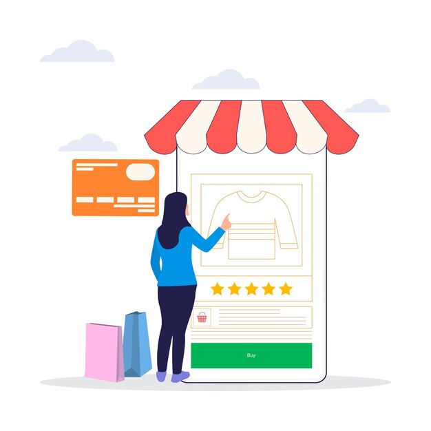 Vrouw koopt product in de online winkel mobiele winkelen met creditcard plat illustratie