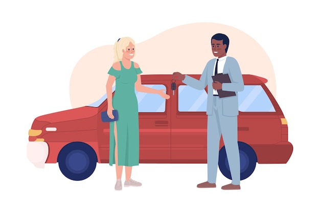 Vrouw kopen auto 2D vector geïsoleerde illustratie