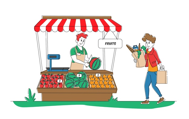 Vrouw koper staan bij bureau met boer fruit kiosk