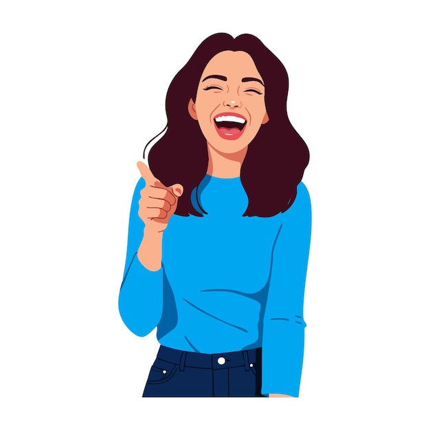 Vrouw lacht en wijst met de vinger in blauw shirt casual stijl vreugdevolle uitdrukking vector illustratie