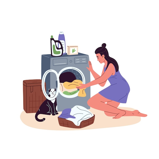 Vrouw laden van vuile kleren uit de wasmand in de trommel van de wasmachine huisvrouw kleding ingebruikneming wasmachine huishoudelijke routine en huishoudelijk werk platte vectorillustratie geïsoleerd op witte achtergrond