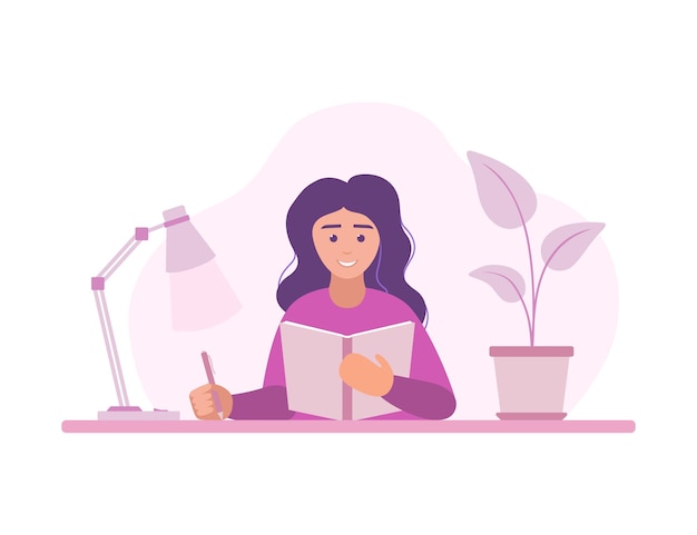 Vrouw leesboek. Student meisje. Onderwijs aan huis