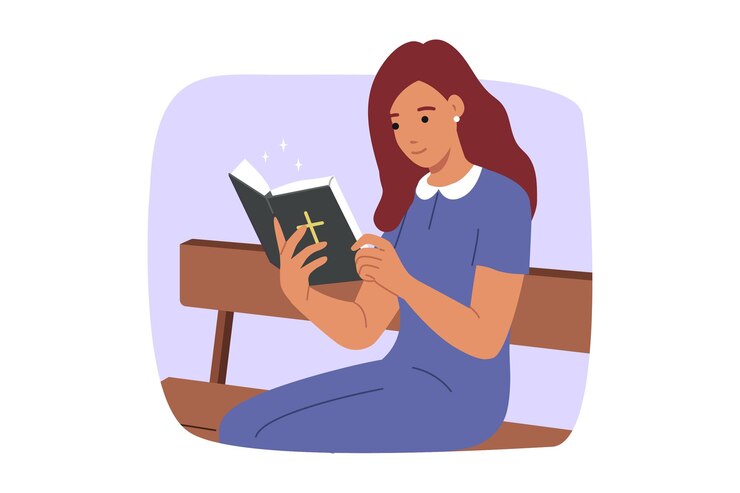Vector vrouw leest de bijbel op een bankje in het park en bestudeert religieuze regels en de geschiedenis van het christendom