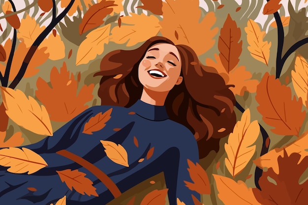 Vrouw ligt in het herfstpark op de grond tussen gevallen veelkleurig gebladerte en glimlacht verheugd begin oktober Meisje geniet van het herfstseizoen en voelt positieve emoties door de hereniging met de natuur