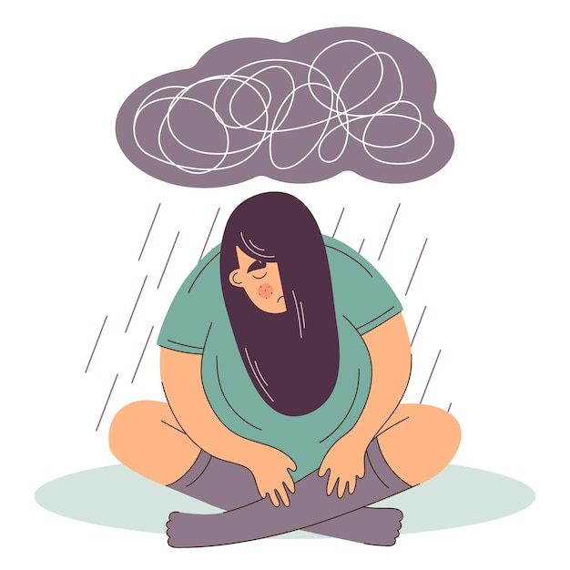 Vrouw lijdt aan depressie psychische aandoeningen. zittend onder regenwolk met zware gedachten. verdrietig en ongelukkig. bipolaire stoornis.