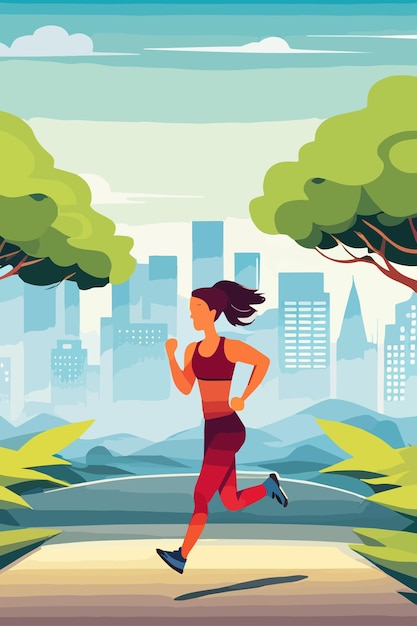 Vrouw loopt in het park trail runner loopt op het bos pad bij dageraad in sportkleding vector illustratie