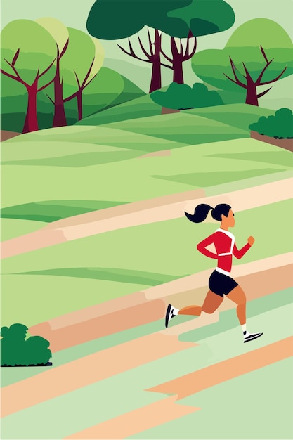 Vrouw loopt in het park trail runner loopt op het bos pad bij dageraad in sportkleding vector illustratie