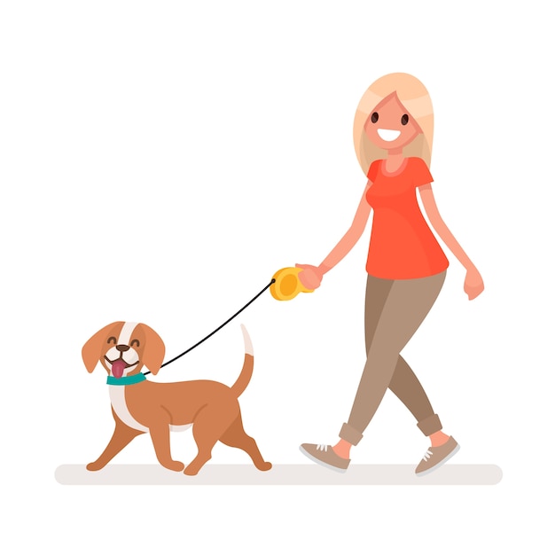 Vrouw loopt met een hond. in een vlakke stijl