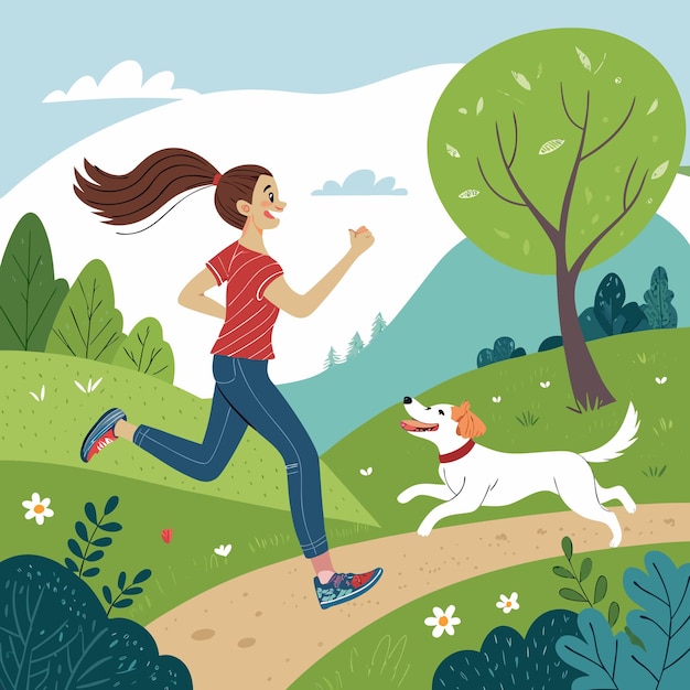 Vrouw loopt met hond Vector Scene