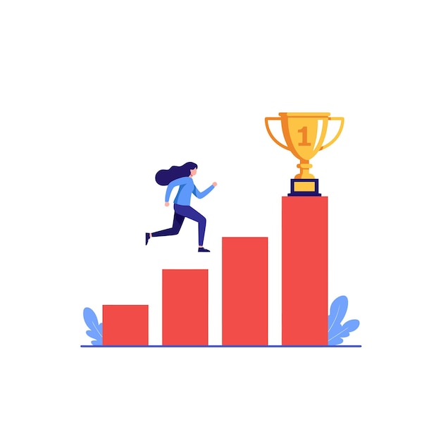 Vrouw loopt op de bar chart naar Golden Trophy Goal Achievement