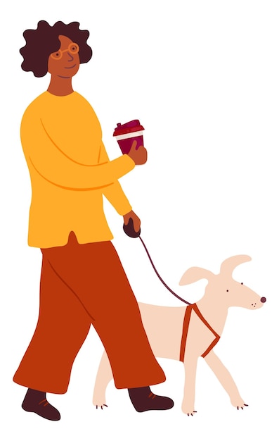 Vrouw lopen met hond en drinken warme koffiekopje geïsoleerd op een witte achtergrond