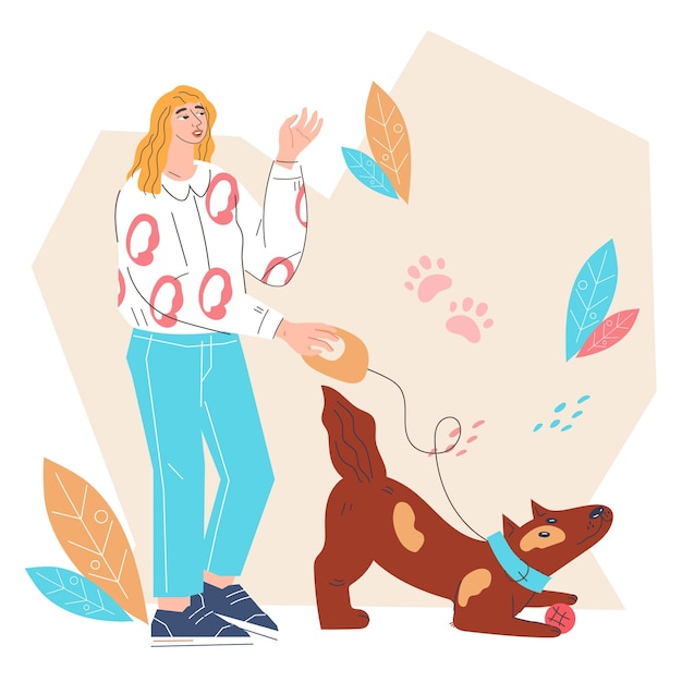 Vrouw lopen met hond platte vectorillustratie geïsoleerd op witte achtergrond Outdoor activiteit en huisdieren zorgconcept