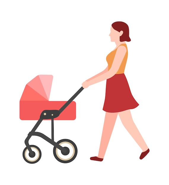 Vrouw lopen met kinderwagen. Jonge vrouwelijke karakter in zomer casual kleding duwen rode kinderwagen, moeder met kind buitenshuis gelukkig moederschap schattige babysitter met pasgeboren platte vector geïsoleerde illustratie