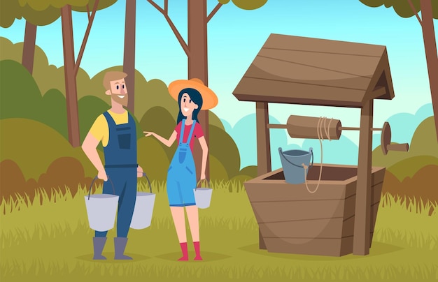 Vrouw man in het bos Mensen in de buurt van een put met emmers kwamen voor water Gelukkige boeren in het dorp op de natuur vectorillustratie