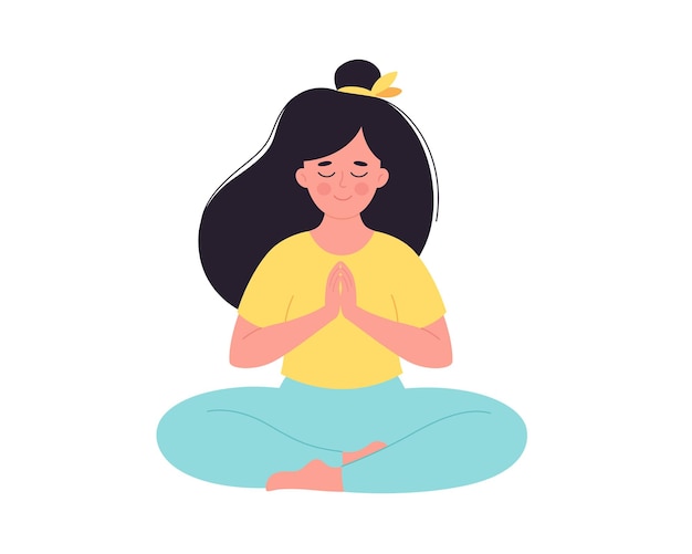 Vrouw mediteren in lotushouding Gezonde levensstijl yoga ontspannen ademhalingsoefening