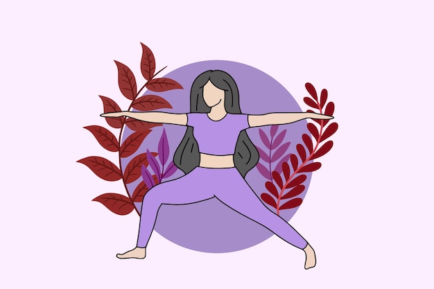 Vrouw mediteren in vreedzame natuur illustratie, yoga en gezonde levensstijl concept, platte cartoon design