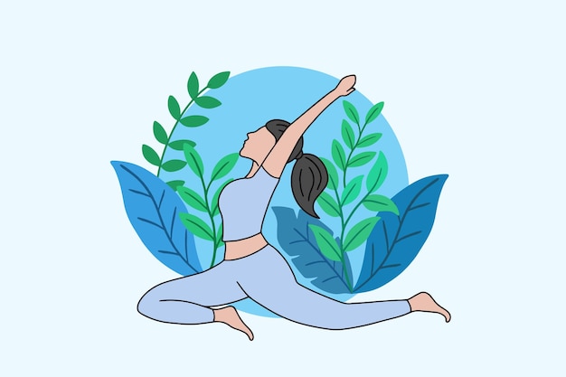 Vrouw mediteren in vreedzame yoga en gezonde levensstijl Meditatie Mensen Poseren Spiritueel Ontspan plat cartoon design