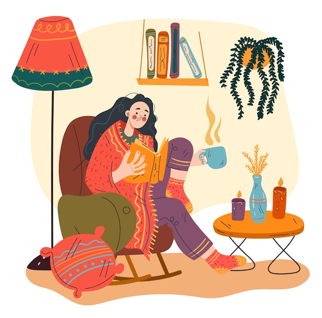 Vrouw meisje karakter zittend in de bank thuis en boek lezen