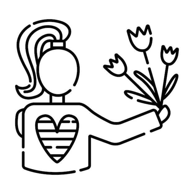 Vrouw met bloemen, zwarte lijn vectorillustratie