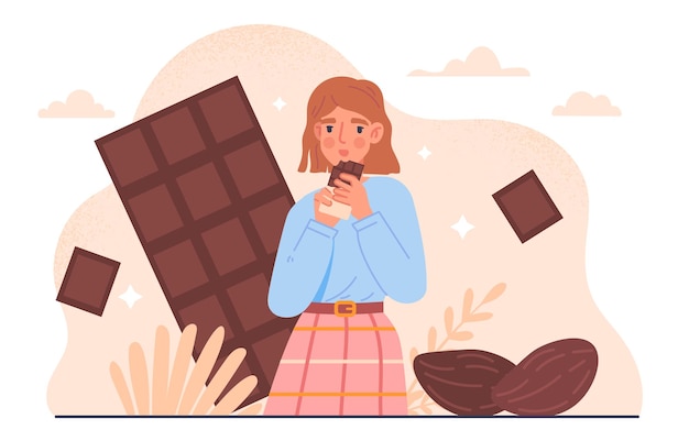 Vector vrouw met chocoladeconcept jong meisje met snoep en zoete producten persoon met dessert en delicatesse karakter met chocoladerepen en cacaozaden cartoon platte vectorillustratie