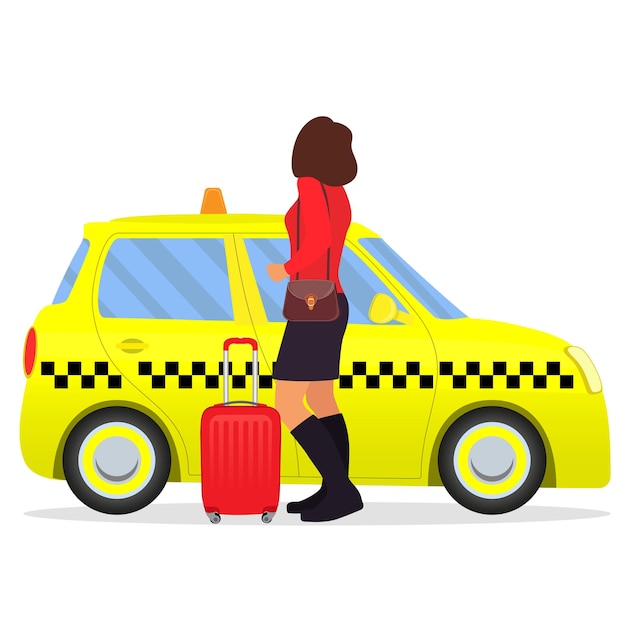 Vrouw met de koffer uit de taxi of in een taxi stappen Vector illustratie