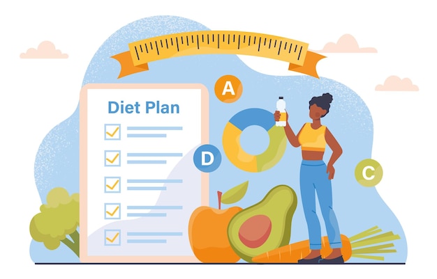 Vrouw met dieetplan checklist concept Jong meisje met groenten en fruit Gezonde levensstijl en eten Evenwichtige en goede voeding met vitamines Cartoon platte vectorillustratie