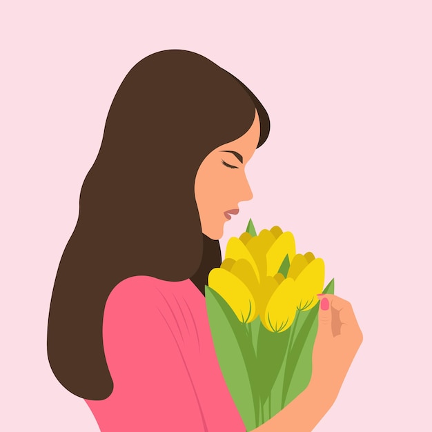 Vrouw met een boeket lentebloemen. Vectorillustratie in pastelkleuren voor Moederdag.