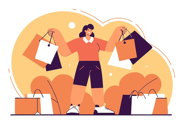 Vrouw met een boodschappenzak verkoop shopper concept illustratie kunst op witte achtergrond