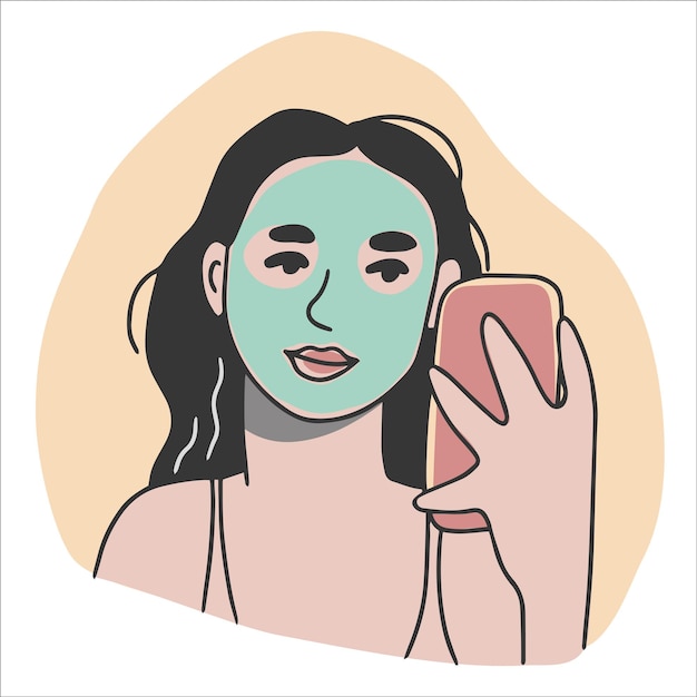 Vrouw met een cosmetisch masker op haar gezicht die een selfie met de hand getekende vectorillustratie neemt