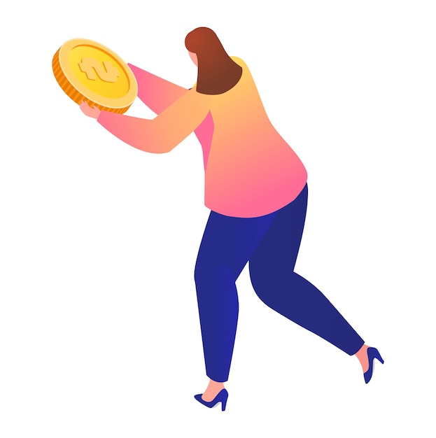 Vrouw met een grote munt financiële concept illustratie Vrouwelijk personage met een te grote gouden munt investeren of sparen thema vector illustratie