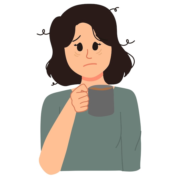 vrouw met een kopje koffie met slaperige en vermoeide gebaren meisje gebrek aan slaap illustratie